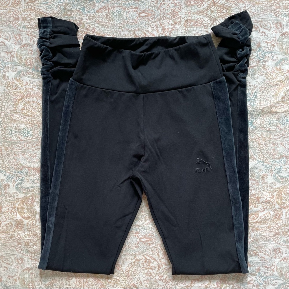 Puma Ruched Ankle Leggings High Waisted Black Velvet Tuxedo Stripe Tall M